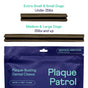 Two dental chews labeled for Extra Small & Small Dogs: Under 25lbs and Medium & Large Dogs: 25lbs and up sit above a blue Plaque Patrol dental chews package for medium & large dogs, bacon & mint flavor.