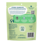 Back of a Shameless Pets Crunchy Cat Treats - Fishmas Feast Crunchy bag showing product details, sustainability icons, ingredient list, feeding guidelines, barcode, website, and green design with a pet silhouette and text about reducing food waste. Highlights include our Fishmas Feast Crunchy fish cat treats—perfect for tuna-loving felines—and options that offer digestive support cat treats made from upcycled ingredients.