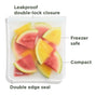 A (re)zip 2 Gallon + 2 Half Gallon reusable silicone bag, shown with sliced watermelon, highlights leakproof double-lock closure, freezer safe, compact design, and double edge seal—ideal as freezer storage bags.