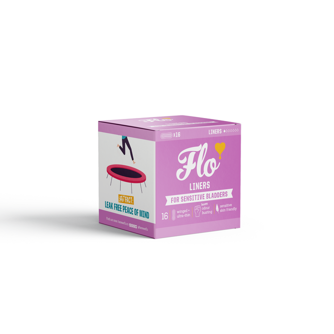 A purple box of Here We Flo Sensitive Bladder Bamboo Liners contains 16 odour-neutralising, ultra-absorbent, eco-friendly liners made from organic bamboo for light bladder leak protection, featuring a trampoline illustration.