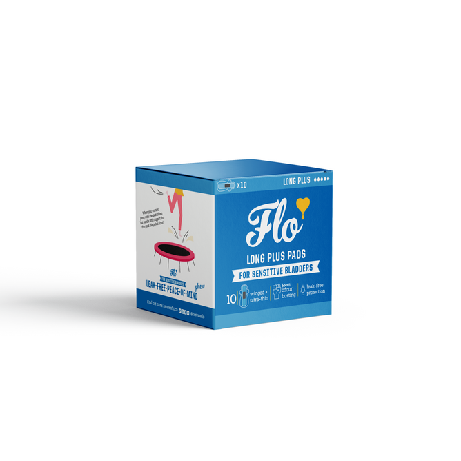 A blue and white box labeled Here We Flo Sensitive Bladder Bamboo Long Plus Pads, featuring icons for comfort, odour neutralising, and skin-friendliness. Contains 10 pads with a pad graphic on the side.