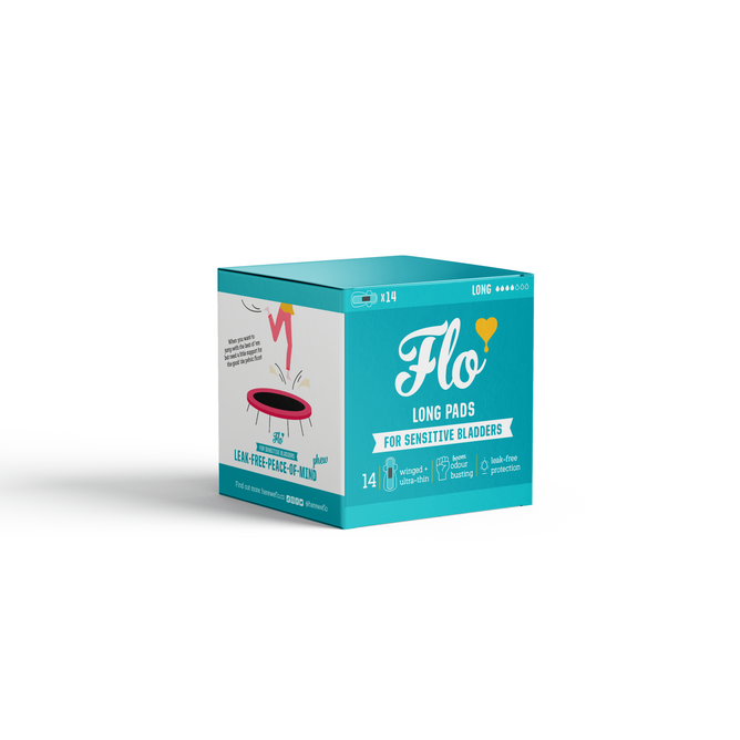 A teal and white box of Here We Flo Sensitive Bladder Bamboo Long Pads contains 14 organic pads. The leak-free, odour-neutralising packaging is vegan, cruelty-free, eco-friendly, and designed for peace of mind.
