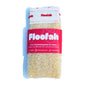 The Floofah 2-in-1 Exfoliating Back Scrubber is crafted from natural luffa fibers, featuring a red logo and labels that emphasize its durability as a plastic-free, biodegradable, and compostable loofah.