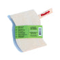 A curved, tan Luffa Fiber Kitchen Sponge by Floofah made from luffa gourd, featuring a Floofah label and a green information card listing care instructions, website, and discount details. This plant-based kitchen sponge also features a pink tag attached at the top right.