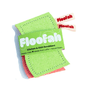 Two stacked, rectangular Floofah Luffa + Wood Dual Kitchen & Dish sponges with green and red abrasive sides, secured by a paper wrapper identifying them as plastic-free plant fiber sponges made from luffa and wood fibers.