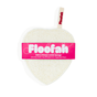 A heart-shaped, white Exfoliating Shower Loofah by Floofah features a pink label and a small tag. Its packaging highlights that it is made from vegetable fibers and plastic-free, providing a sustainable, plant-based option for cleansing.
