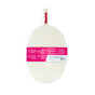 An oval Exfoliating Shower Loofah by Floofah, featuring a white handle and wrapped in pink packaging that showcases its exfoliating, compostable, and plastic-free qualities. Made from natural luffa gourd, this plant-based loofah is ideal for sustainable cleaning while caring for both your skin and the environment.