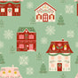 Sew your own set of 10 gift bags with Folk Art Cottages by Waste Free Celebrations—a seamless green pattern with festive houses, Christmas trees, and snowflakes, perfect for holiday crafts and reusable gift wrapping.