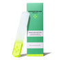The Nano Glass Foot File by Pedestrian Project, featuring a frosted handle with neon green tip, stands upright beside its green and white box labeled for smooth heels and gentle callus removal.