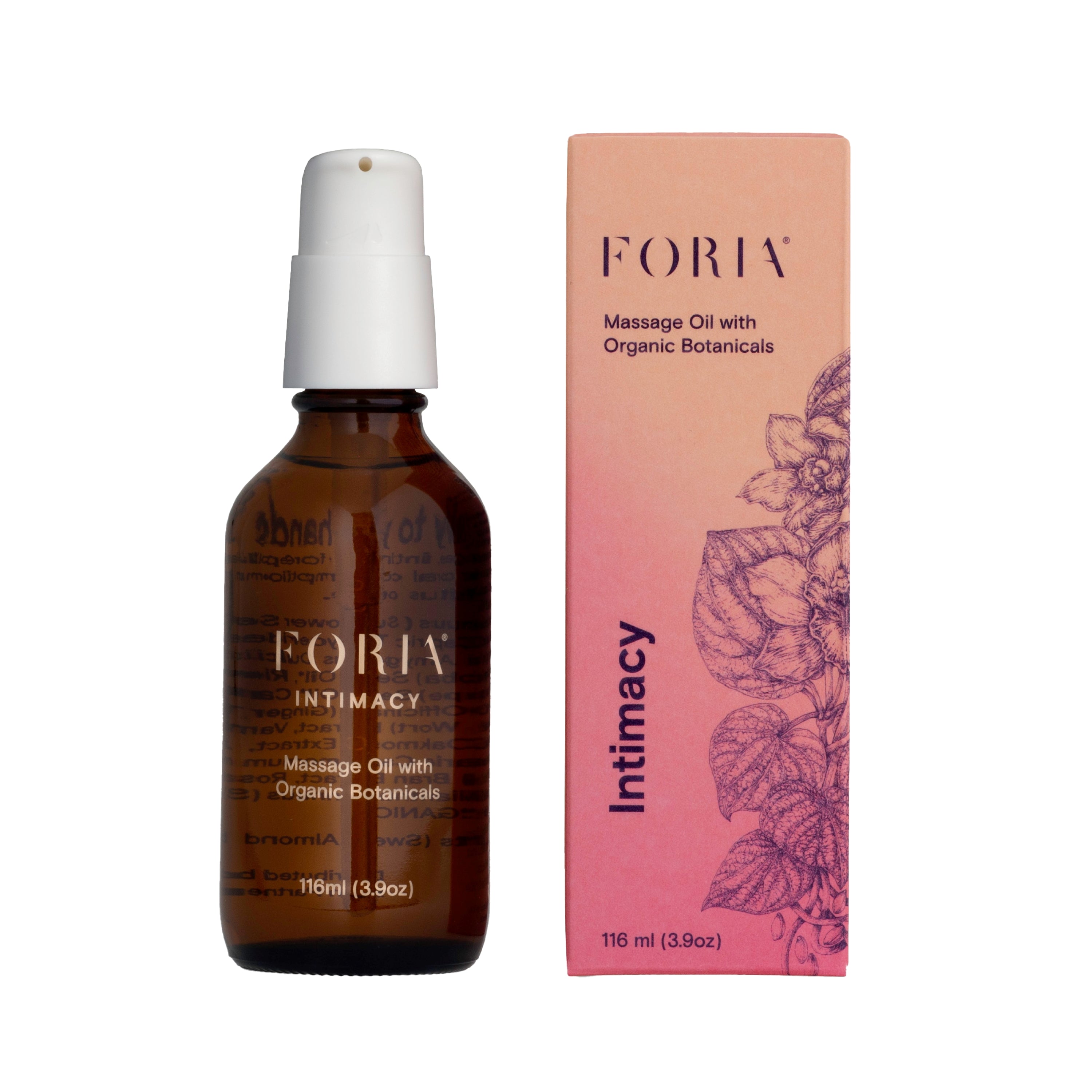 A brown glass bottle labeled Foria Intimacy Massage Oil with Organic Botanicals (116 ml) stands beside a pink floral box featuring matching Foria branding.