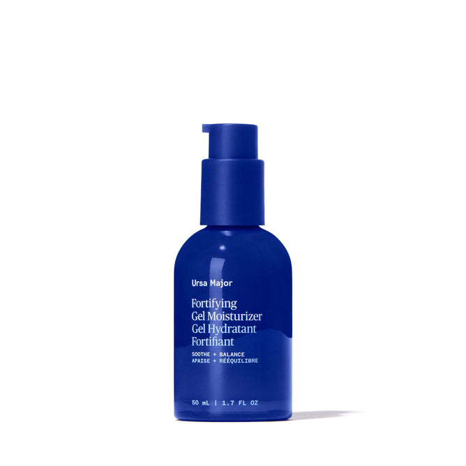 A blue pump bottle labeled Ursa Major Fortifying Gel Moisturizer is shown on a white background. This lightweight 50 ml (1.7 fl oz) serum from Ursa Major is an ideal step for moisturizing in your skincare routine.