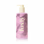 A pink Foxly Body Wash bottle with a pump, clean ingredients, and dragon fruit label features light and dark pink leaf designs on the front.