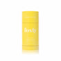 A bright yellow Foxly Deodorant stick, labeled "Citrus Beach" and "Gentle & Sensitive" with “24-hour odor protection” near the top, stands upright against a white background.