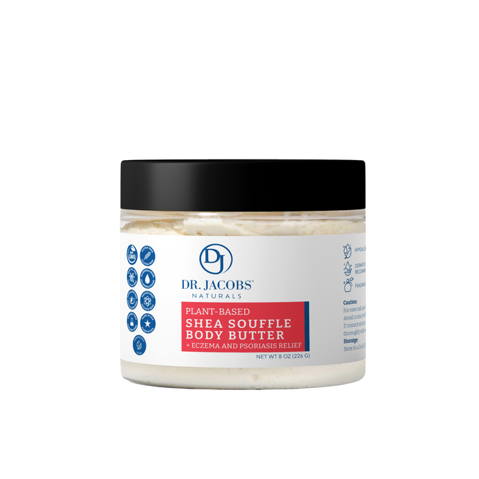 Dr. Jacobs Naturals Shea Souffle Body Butter, a plant-based whipped body butter with a white lid and cream-colored formula, provides deep hydration and is suitable for eczema and psoriasis relief.