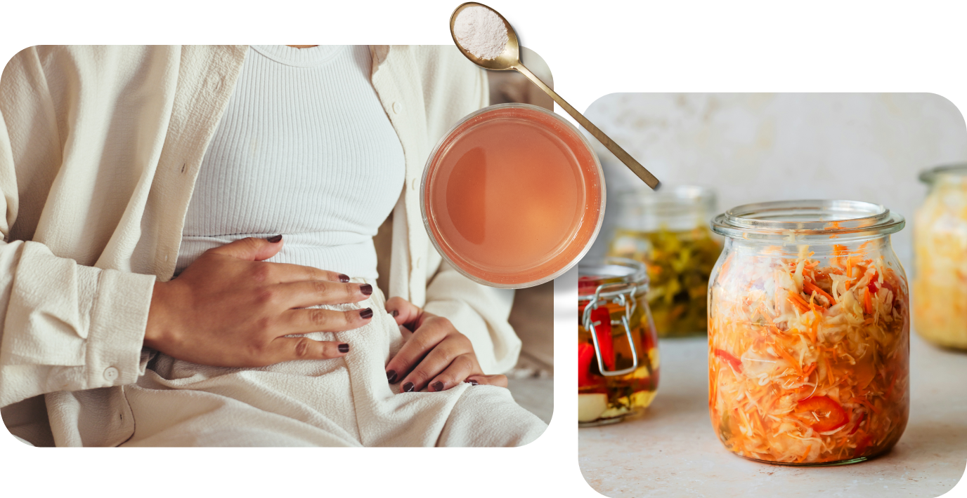 A person holding their stomach while sitting, with a jar of pink liquid and a spoon above them. Next to this, a glass jar filled with sauerkraut sits on a counter with other jars in the background.