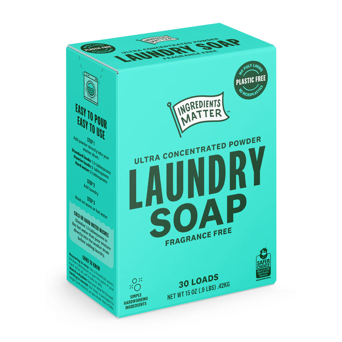A turquoise box of Ingredients Matter Laundry Soap Powder 30 Load, a hypoallergenic, fragrance-free, plastic-free detergent with cleaner ingredients. Net weight: 15 oz (0.9 lbs/426g).