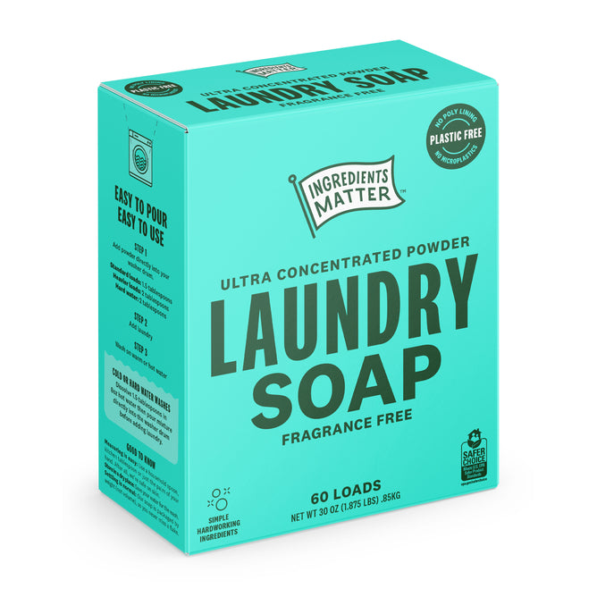 A teal box of Ingredients Matter Laundry Soap Powder 60 Load, a hypoallergenic, fragrance-free, plastic-free laundry detergent with simple ingredients for 60 loads.