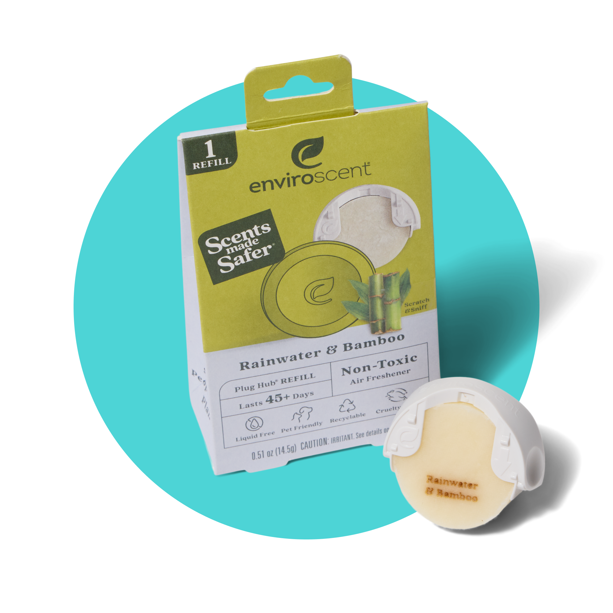 A box of enviroscent Rainwater & Bamboo plug hub refill, an air freshener labeled non-toxic and lasting 45+ days, with one white and beige refill pod placed in front of the box on a blue circle background.