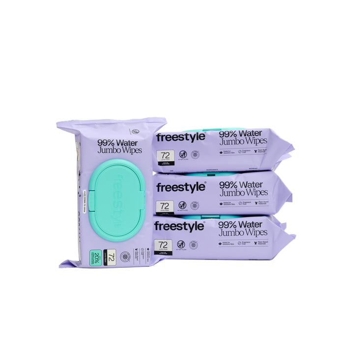 Four packs of Freestyle Soft & Clean Jumbo Baby Wipes Bundle, each with 72 wipes for sensitive skin, are stacked against a white background. The lavender packaging features teal accents and black product information.
