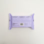 A lavender pack of Freestyle Soft & Clean Jumbo Baby Wipes for sensitive skin is shown back side up, revealing a barcode, fine print, and black end tabs against a plain white background.