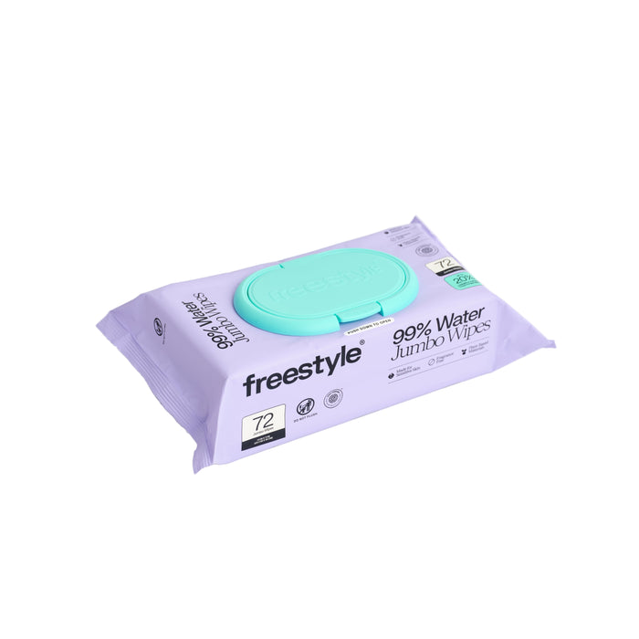 A pack of Freestyle Soft & Clean Jumbo Baby Wipes with a light teal resealable lid, containing 72 wipes for sensitive skin, displayed against a white background.
