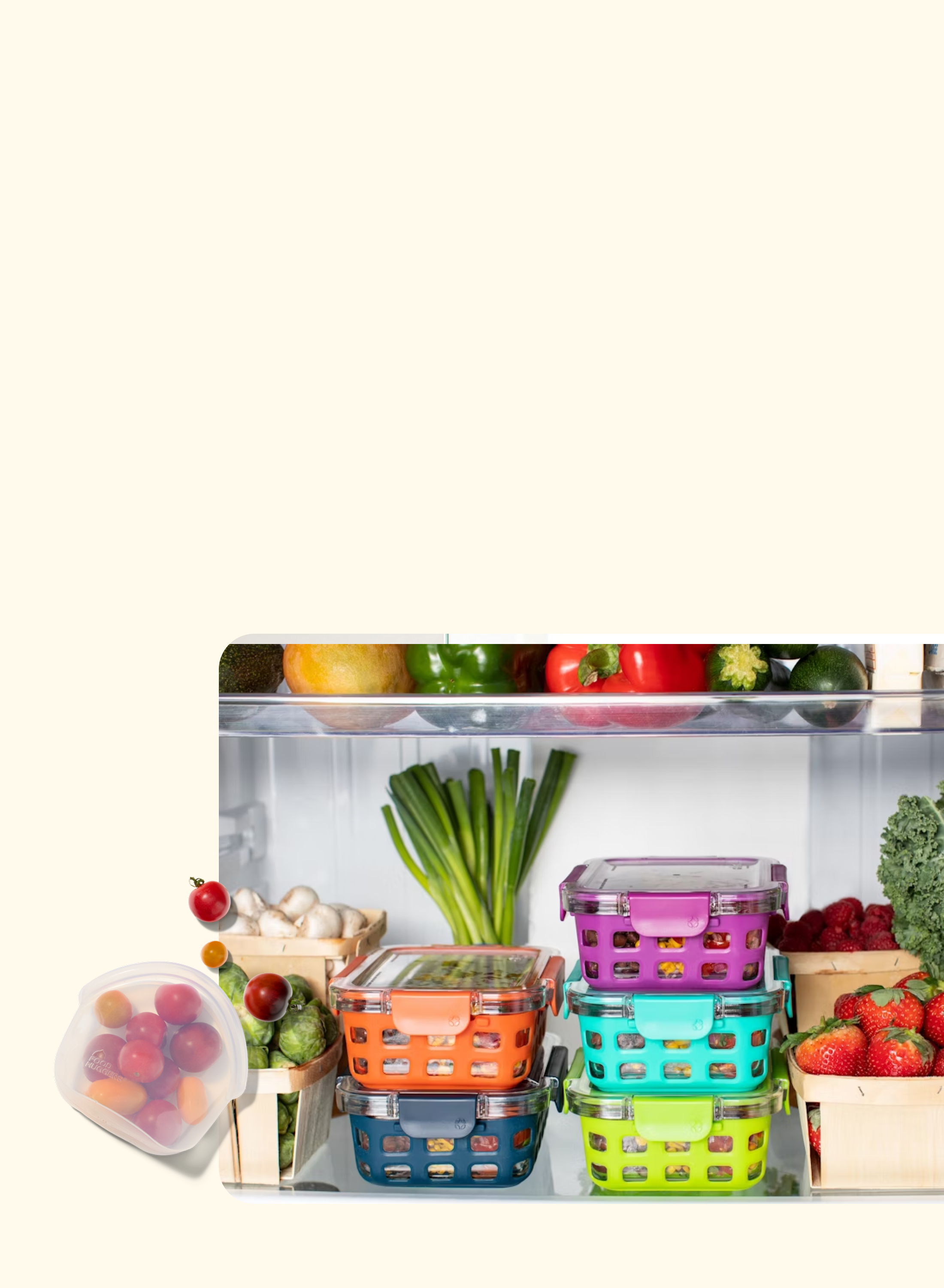 A refrigerator shelf filled with colorful containers holding various fresh vegetables and fruits, with extra produce like cherry tomatoes, mushrooms, and strawberries neatly arranged nearby.