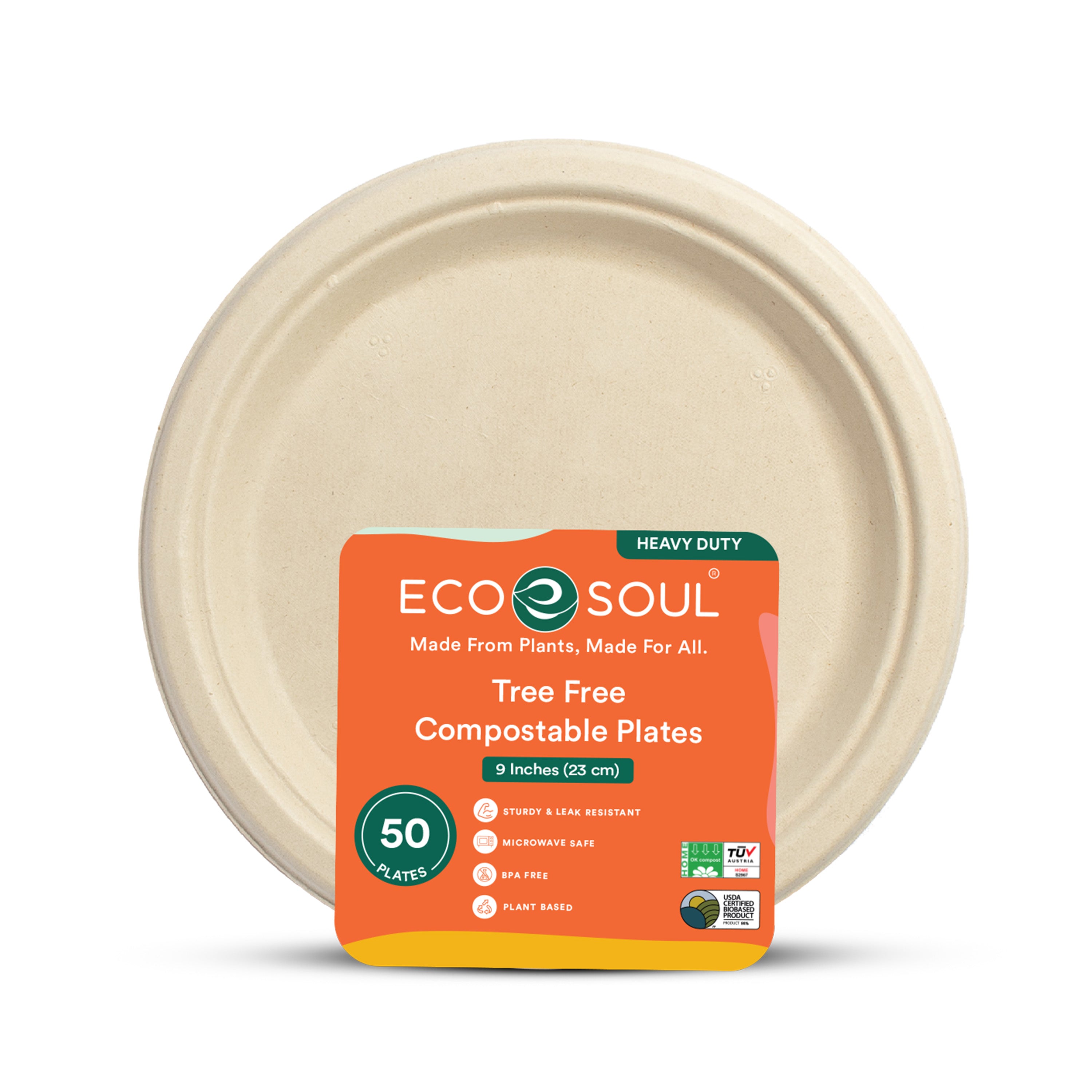 A round, beige Eco Soul Tree Free Heavy Duty Compostable Plate (9, 50 ct) with an orange label noting its made from plants and microwave safe.