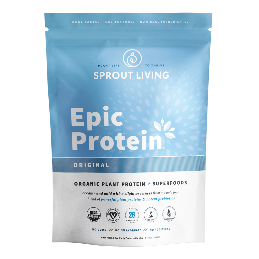 The image showcases a blue and white package of Sprout Livings Epic Protein in Original flavor, featuring 26g of organic plant protein per serving. This vegan powder is packed with superfoods and is non-GMO.
