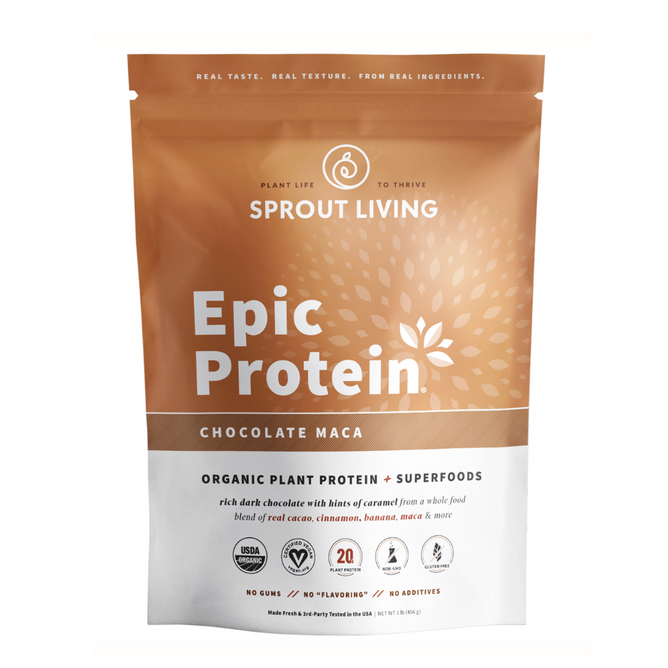 The Chocolate Maca Epic Protein by Sprout Living offers 20g of organic plant protein and superfoods per serving. Its vegan, nutrient-rich formula comes in a pouch with rich brown tones and a sealed top for convenience.