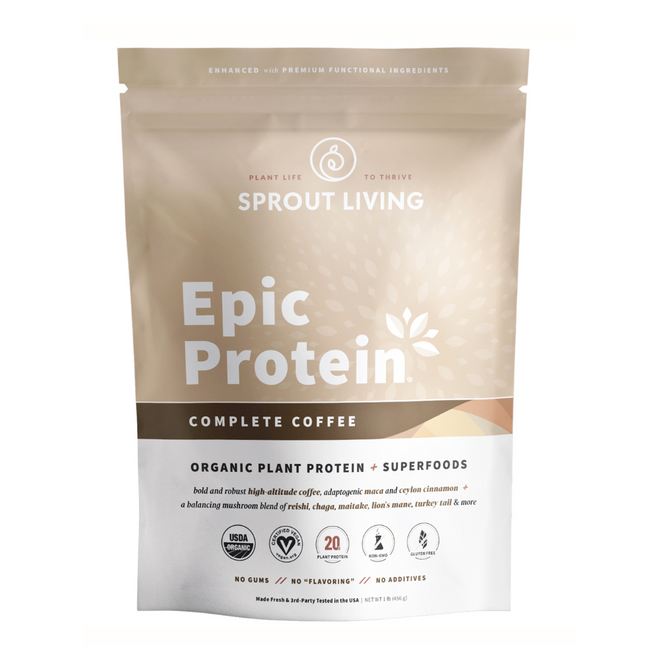 This tan and white Sprout Living Epic Protein in Complete Coffee flavor is a vegan powder rich in organic plant protein, superfoods, and free from GMOs, gluten, additives, or artificial flavoring.