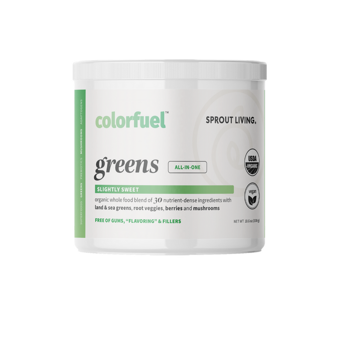 Sprout Livings Colorfuel : Greens, a white container of all-in-one organic superfoods, offers a slightly sweet taste and contains greens, roots, berries, and mushrooms for digestive health. It is vegan, USDA Organic certified, and weighs 7.41 oz (210 g).