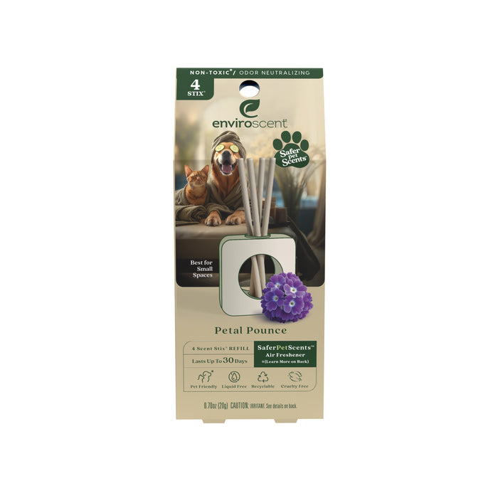 Enviroscent Stix Diffuser Pet Air Freshener Refill - Odor Neutralizer box featuring a dog in a spa robe and headband with a cat, next to a square diffuser base with sticks and a purple flower, labeled Petal Pounce.