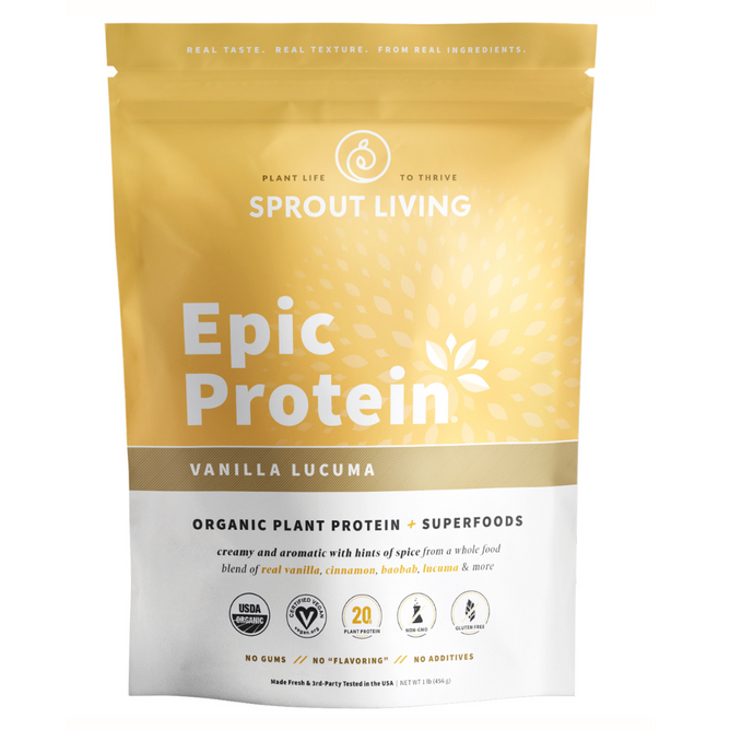 The Sprout Living Epic Protein pouch, in beige and yellow, features Vanilla Lucuma vegan protein powder with organic plant protein and superfoods. Its gum-free, made with natural ingredients, has USDA organic certification, and offers 20 grams of protein.