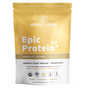 The Sprout Living Epic Protein pouch, in beige and yellow, features Vanilla Lucuma vegan protein powder with organic plant protein and superfoods. Its gum-free, made with natural ingredients, has USDA organic certification, and offers 20 grams of protein.