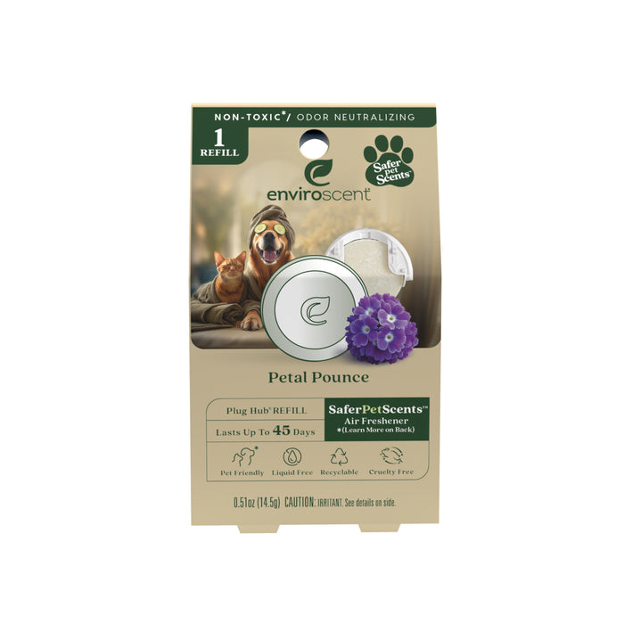 Enviroscent Plug in Pet Air Freshener Refill - Odor Neutralizer featuring a cat and a dog wearing spa headbands, a purple flower, the text Petal Pounce, and a cruelty-free fragrance.