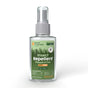A clear spray bottle labeled Marie Originals Insect Repellent Spray features a green label highlighting natural, non-irritating, DEET-free protection for all ages, with active ingredients and usage info listed.