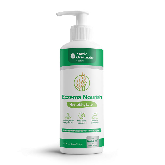 A white and green bottle of Marie Originals Eczema Moisturizing Lotion with a pump dispenser features a label highlighting soothing, restorative benefits for sensitive, dry itchy skin. Hypoallergenic formula.