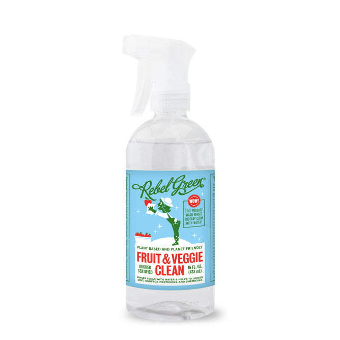 Rebel Green Fruit & Veggie Clean Produce Wash Spray comes in a clear bottle with a blue label and green logo, featuring a woman washing vegetables. This plant-based, natural wash removes pesticides and is planet-friendly.