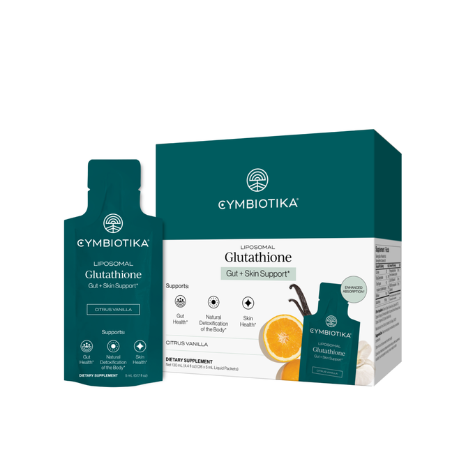 A Cymbiotika Liposomal Glutathione box and single packet in citrus vanilla flavor, with orange slice and vanilla flower on the packaging, supports gut, immune, and skin health.