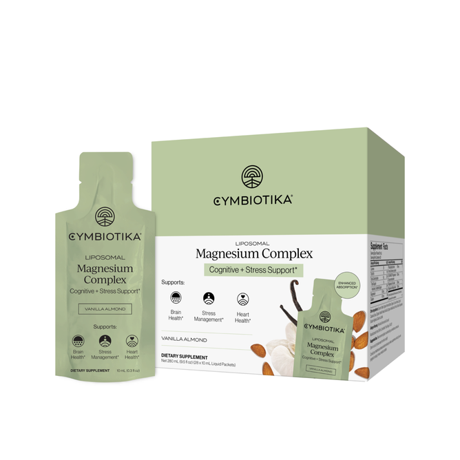A packet and box of Cymbiotika Magnesium L-Threonate supplement in Vanilla Almond flavor, featuring product labels that highlight cognitive, stress, and cardiovascular benefits. Almonds are pictured next to the box.