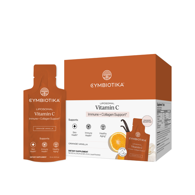 A packet and box of Cymbiotika Liposomal Vitamin C in orange vanilla flavor, with images of an orange slice and vanilla flower. Packaging emphasizes immune support and collagen production benefits.