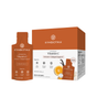A packet and box of Cymbiotika Liposomal Vitamin C in orange vanilla flavor, with images of an orange slice and vanilla flower. Packaging emphasizes immune support and collagen production benefits.
