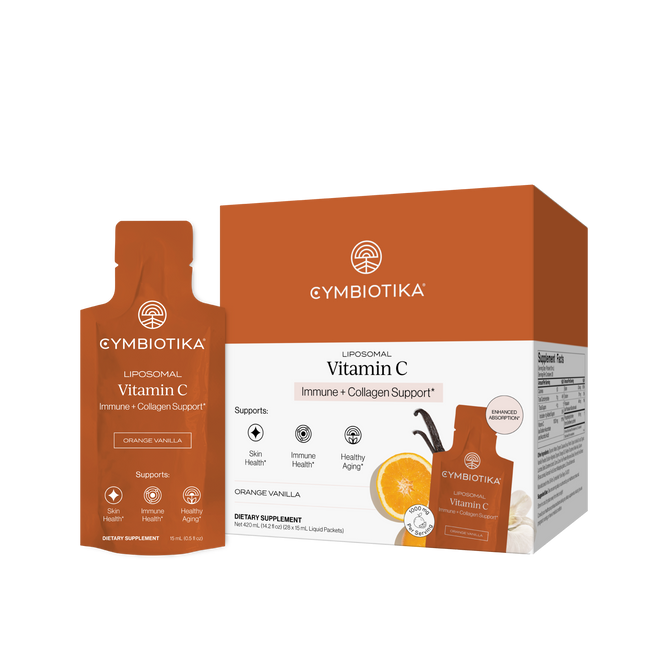A box and packet of Cymbiotika Liposomal Vitamin C Packets - Immune + Collagen Support, Orange Vanilla flavor, with images of oranges and benefits like immune support, skin health, collagen production, and anti-aging.