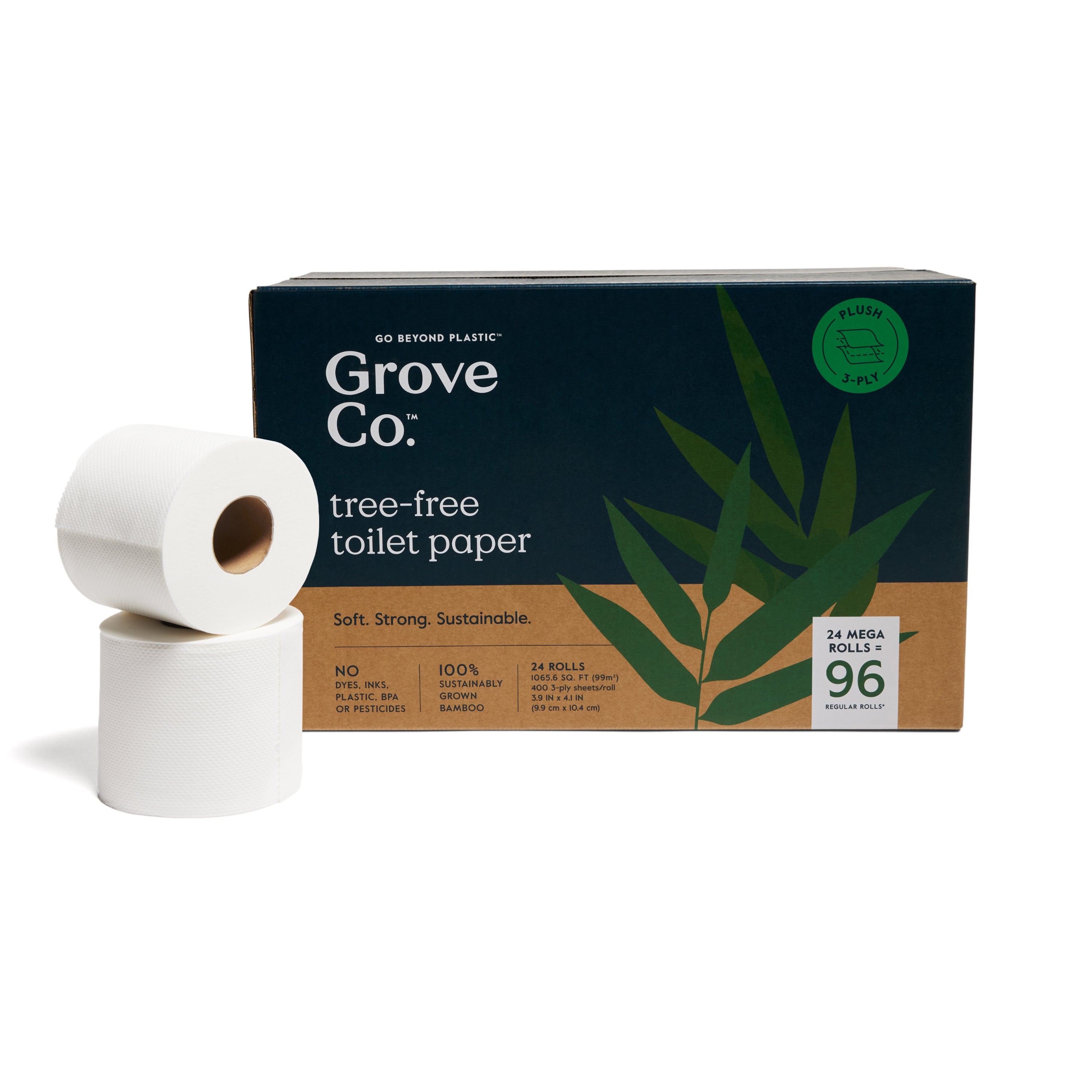 A box of Grove Co. 3-Ply Bamboo Toilet Paper (400 sheets per roll) with two rolls in front. The dark green and brown package features leafy graphics and eco-friendly product details. Made from FSC-Certified bamboo.
