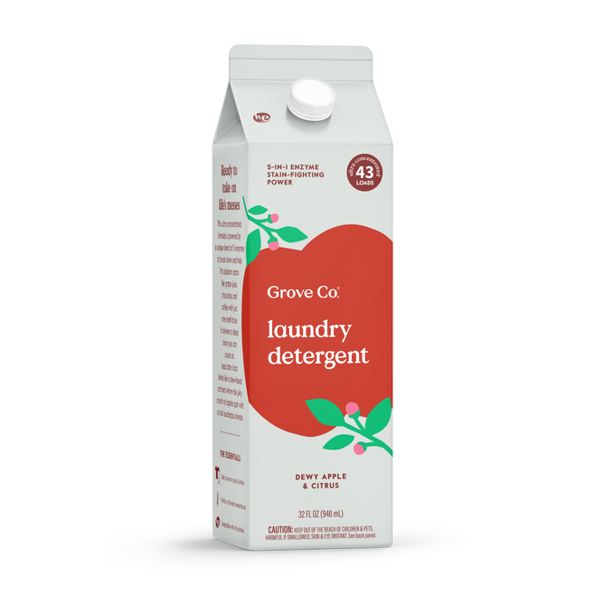 Grove Co. Laundry Detergent – 5-in-1 Enzyme Stain Fighting Power features a new look and Dewy Apple & Citrus scent, delivering the trusted formula for 43 loads with effective stain removal.