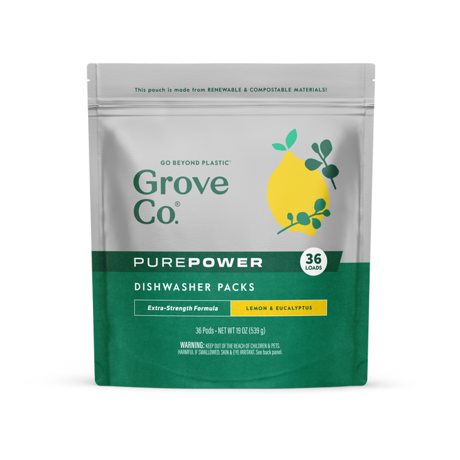 A pouch of Grove Co. Pure Power Dishwasher Detergent Packs - Free & Clear, in compostable packaging, labeled for 36 loads and made from renewable materials.