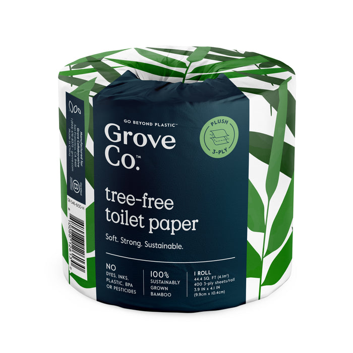 A roll of Grove Co. Tree-Free Toilet Paper - 100% Bamboo, individually wrapped in green and white leaf-patterned packaging, proudly plastic-free, eco-friendly, and sustainably made.