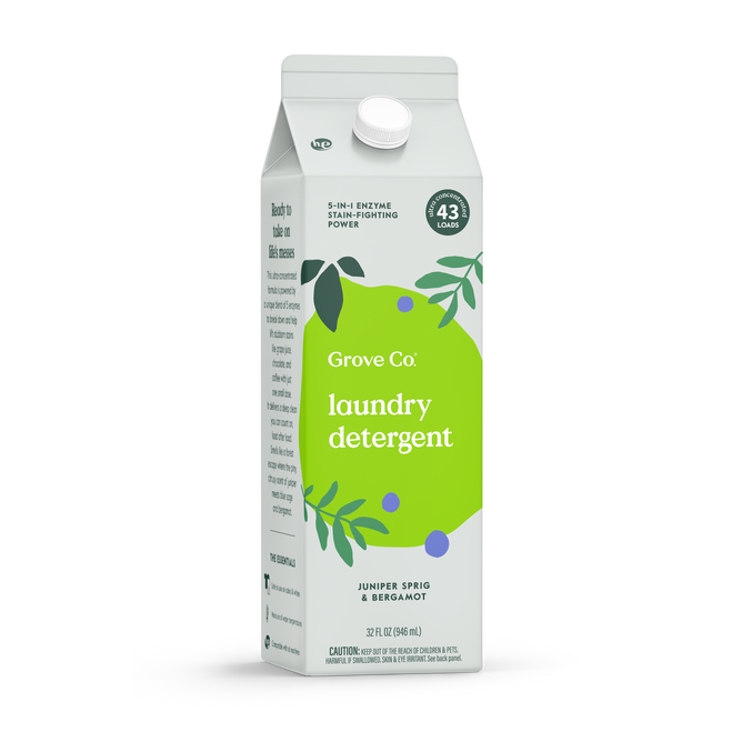 A carton of Grove Co. Laundry Detergent – 5-in-1 Enzyme Stain Fighting Power, in Juniper Sprig & Bergamot scent, features a fresh green leaf design on a light background and is labeled for 43 loads—same trusted formula you love.