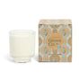 A white Soy Wax Blend Candle - Winter Collection by Grove Co. in a ribbed glass container sits beside its decorative box featuring pears and wavy lines on a blue and tan background.