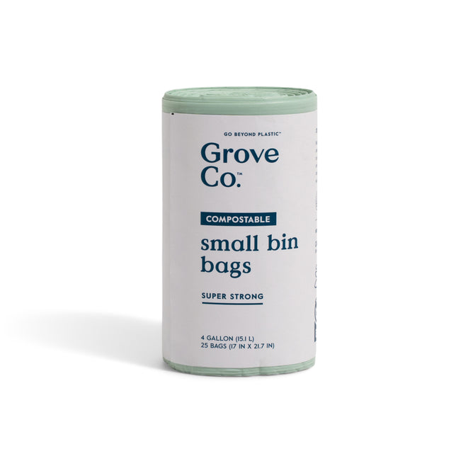 Grove Co. Compostable Food Scrap Bags - 4 Gallon (25 count) are BPI-certified, super strong small bin liners for kitchen compost pails. Packaging is white and light green.